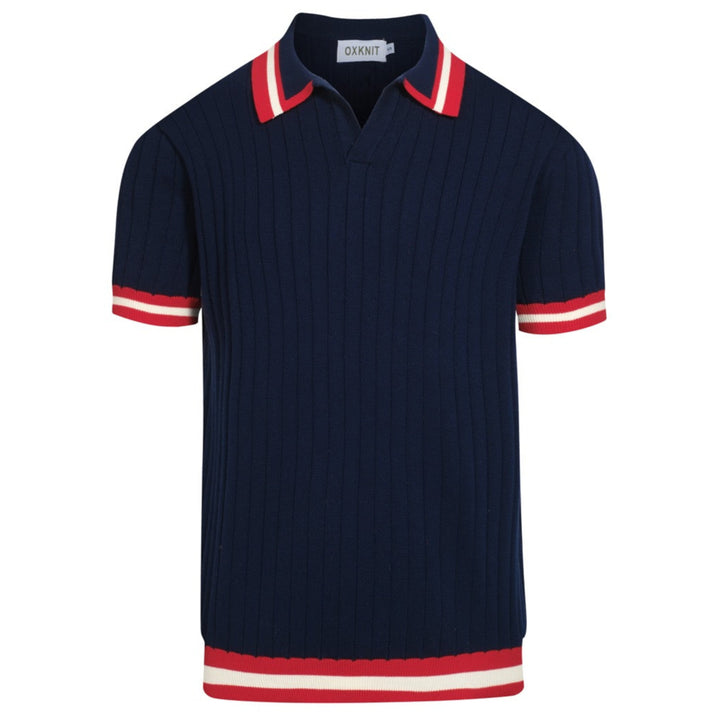 Men's navy blue vintage knit V-neck polo shirt