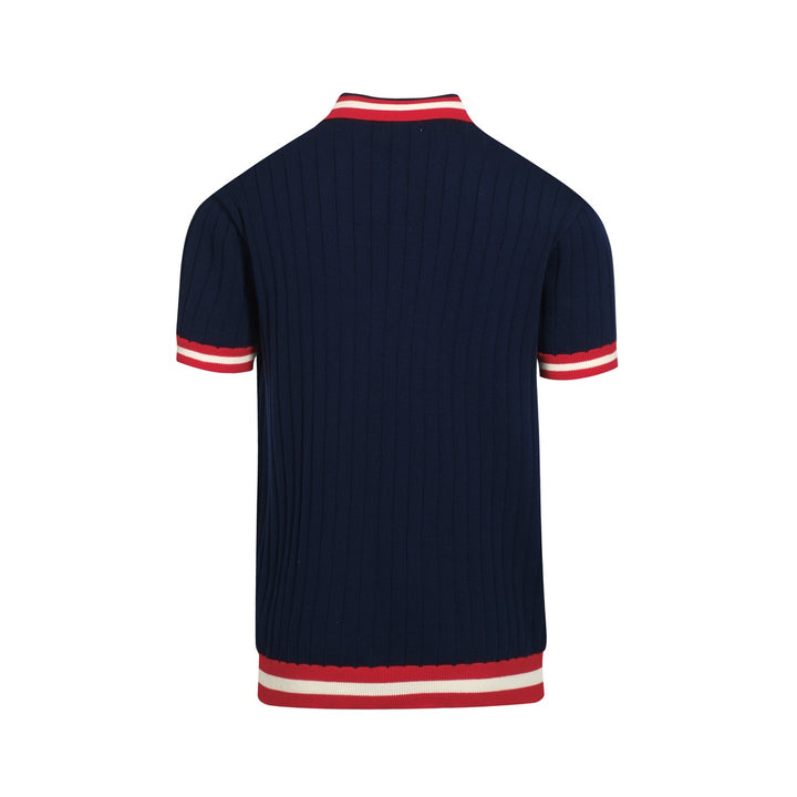 Men's navy blue vintage knit V-neck polo shirt