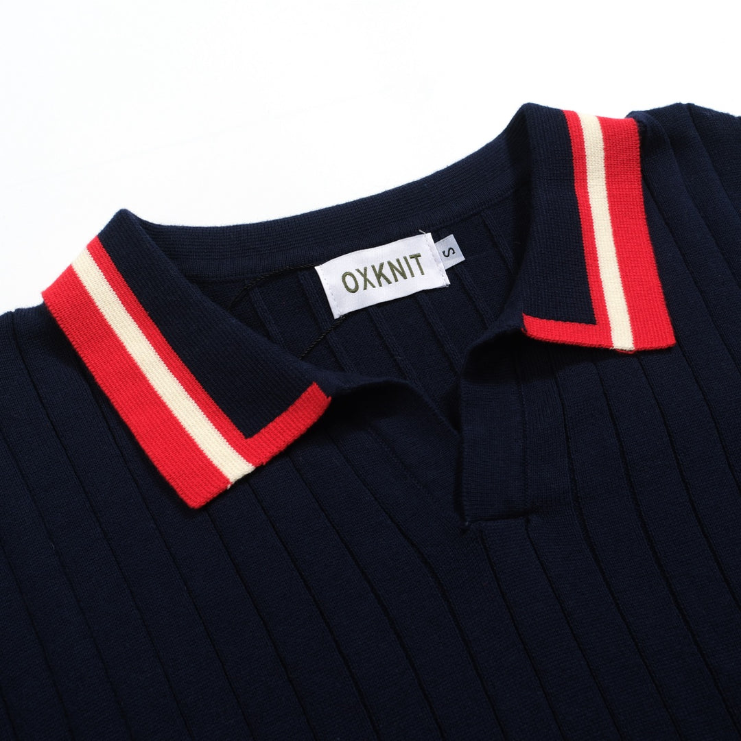 Men's navy blue vintage knit V-neck polo shirt