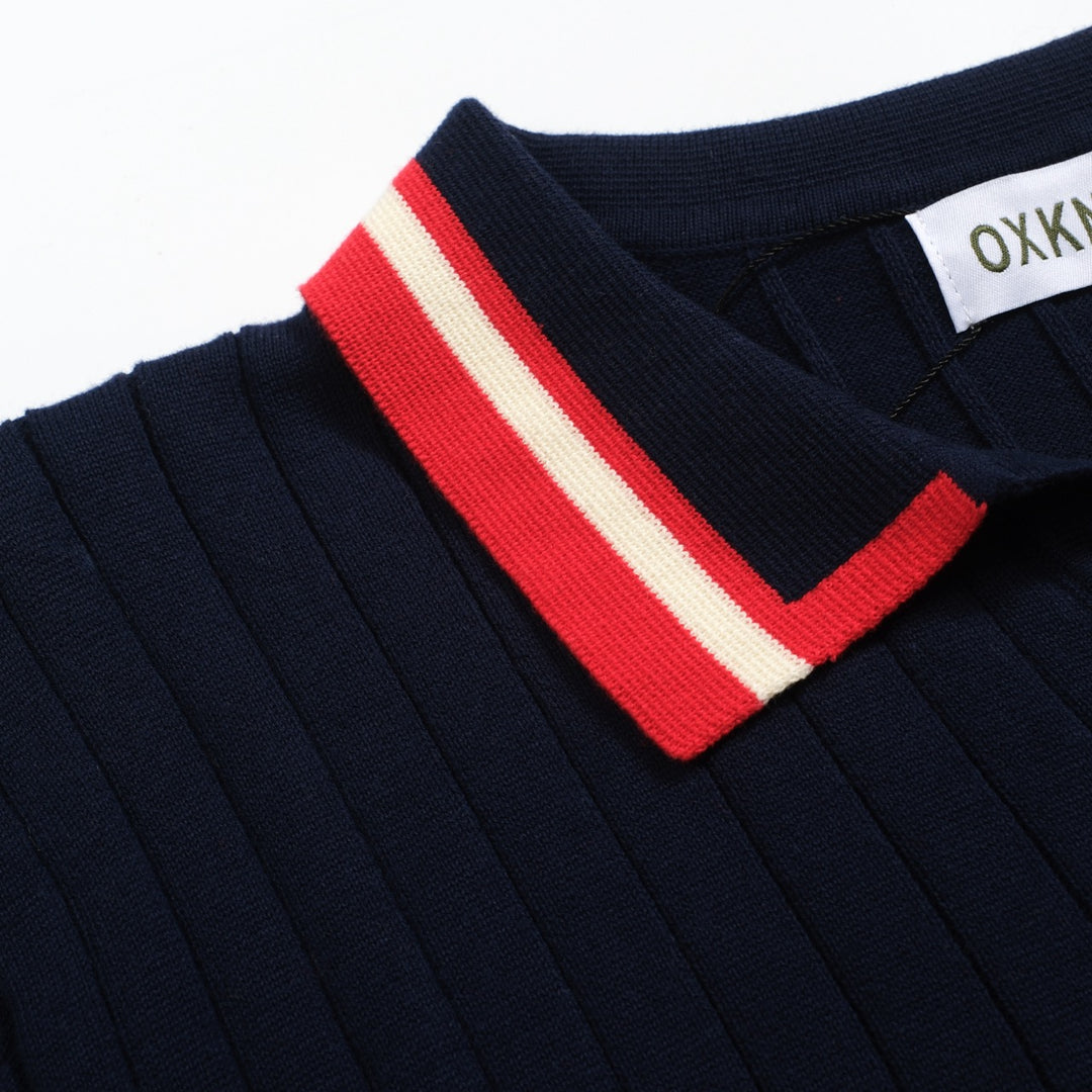 Men's navy blue vintage knit V-neck polo shirt