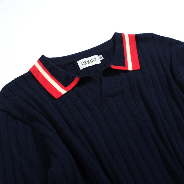 Men's navy blue vintage knit V-neck polo shirt
