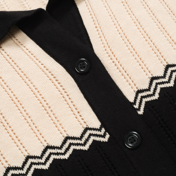 Women's black vintage textured jacquard V-neck cardigan
