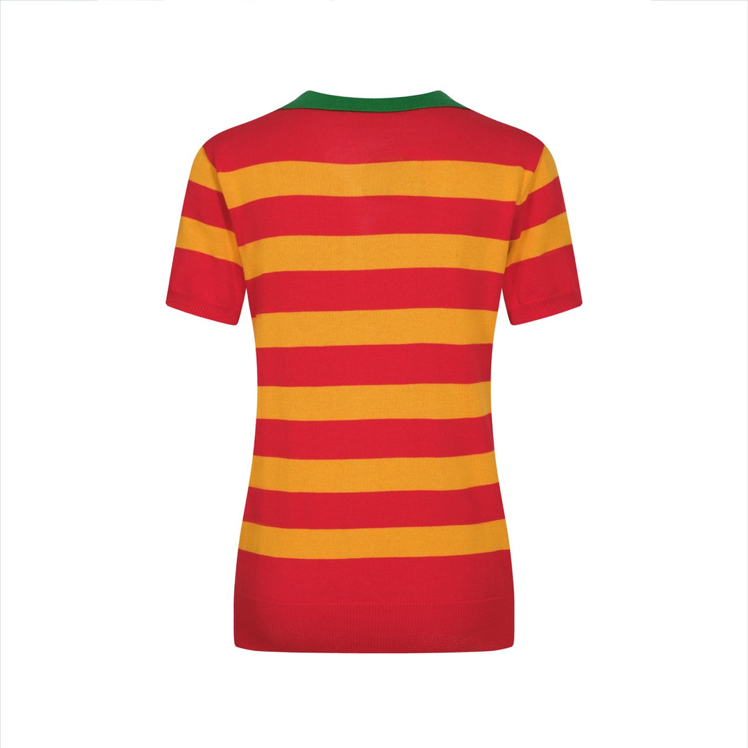 Women's orange striped jacquard V-neck knitted polo shirt