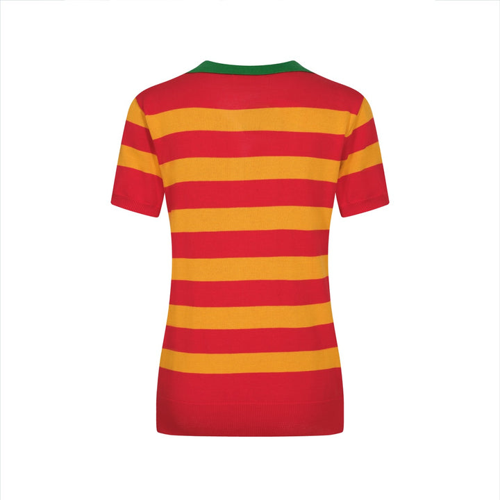 Women's orange striped jacquard V-neck knitted polo shirt