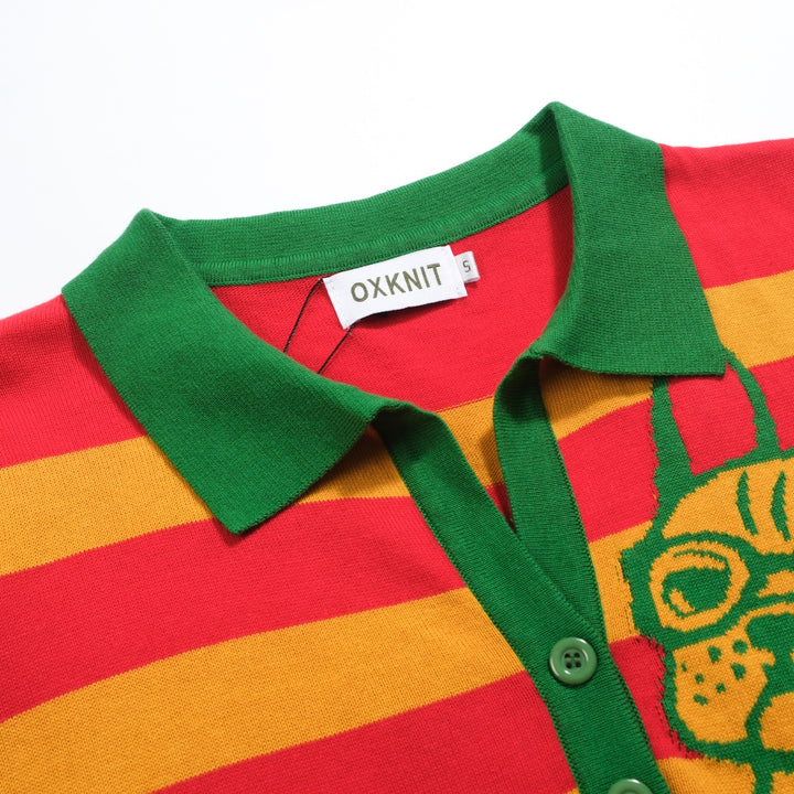 Women's orange striped jacquard V-neck knitted polo shirt