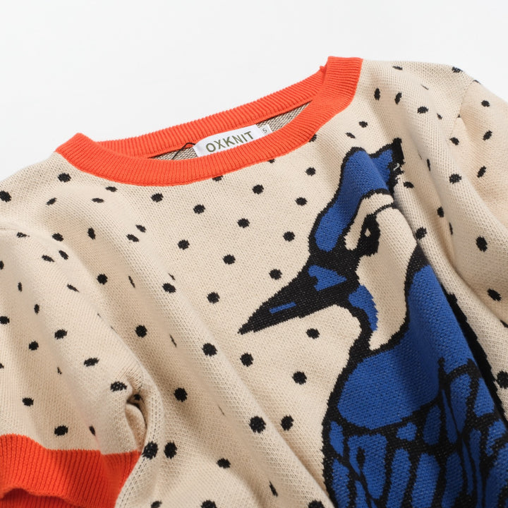 Women's apricot polka dot bird vintage knit T-shirt