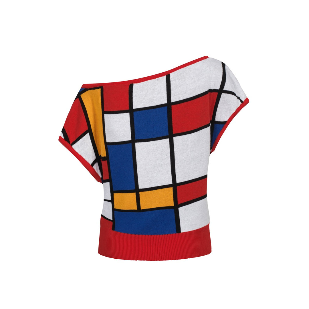 Women's matching jacquard skew shoulder knit T-shirt - Short Size