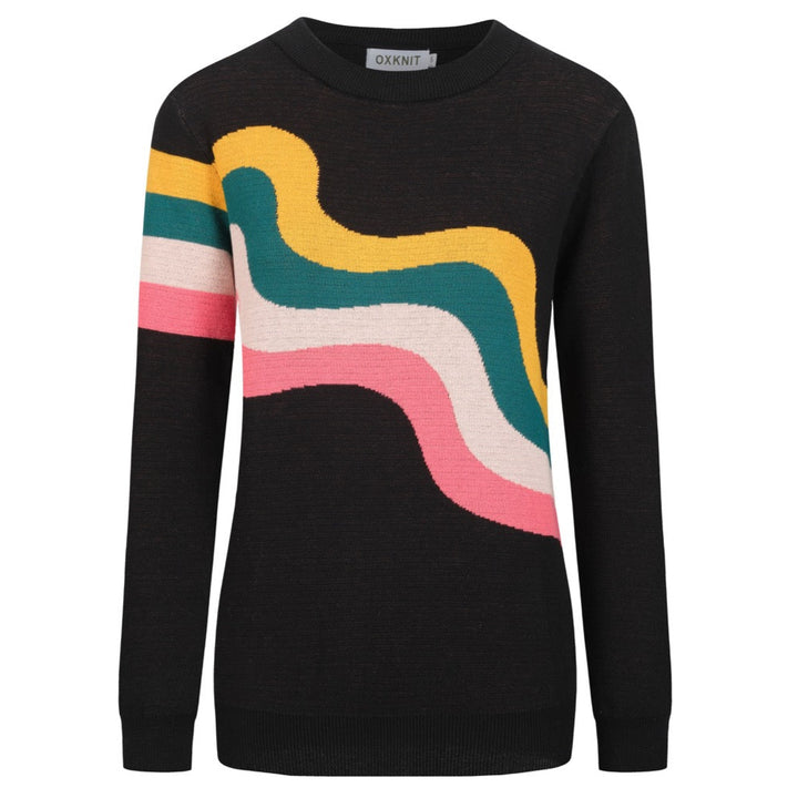 Women's black wavy jacquard retro knitwear