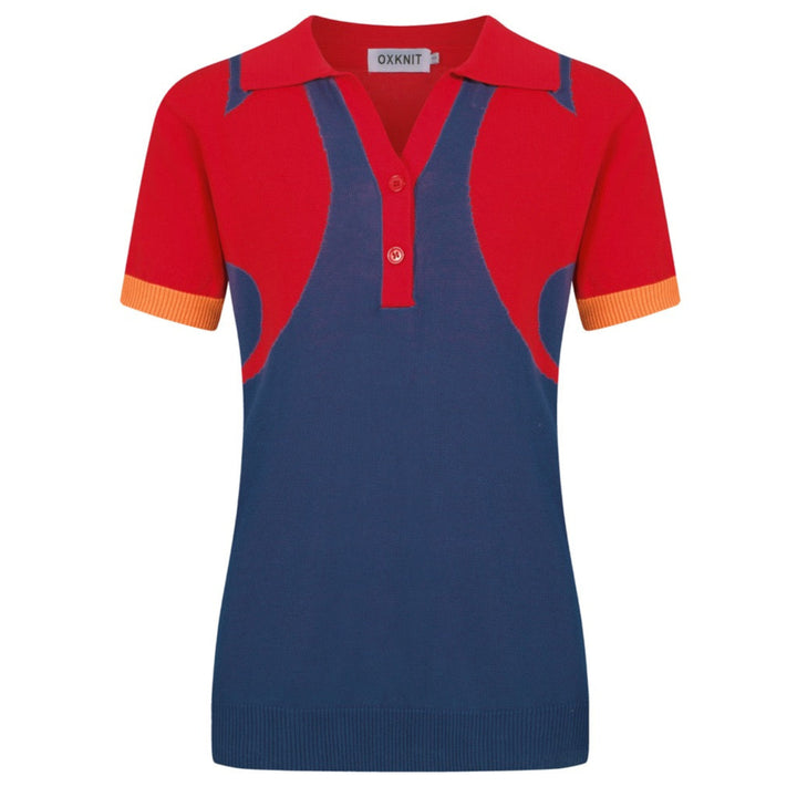 Women's vintage red style V-neck knitted polo shirt