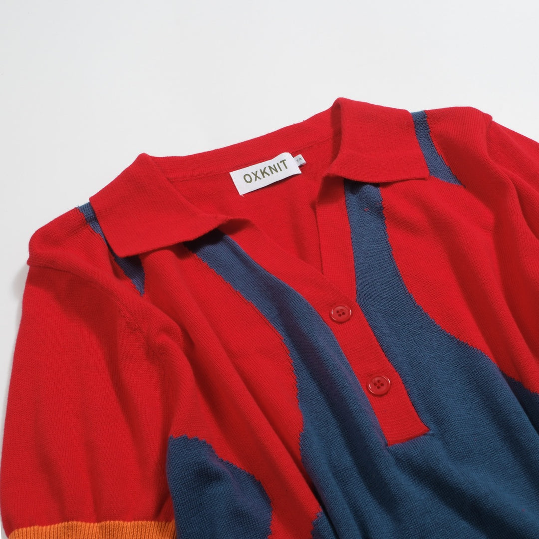 Women's vintage red style V-neck knitted polo shirt