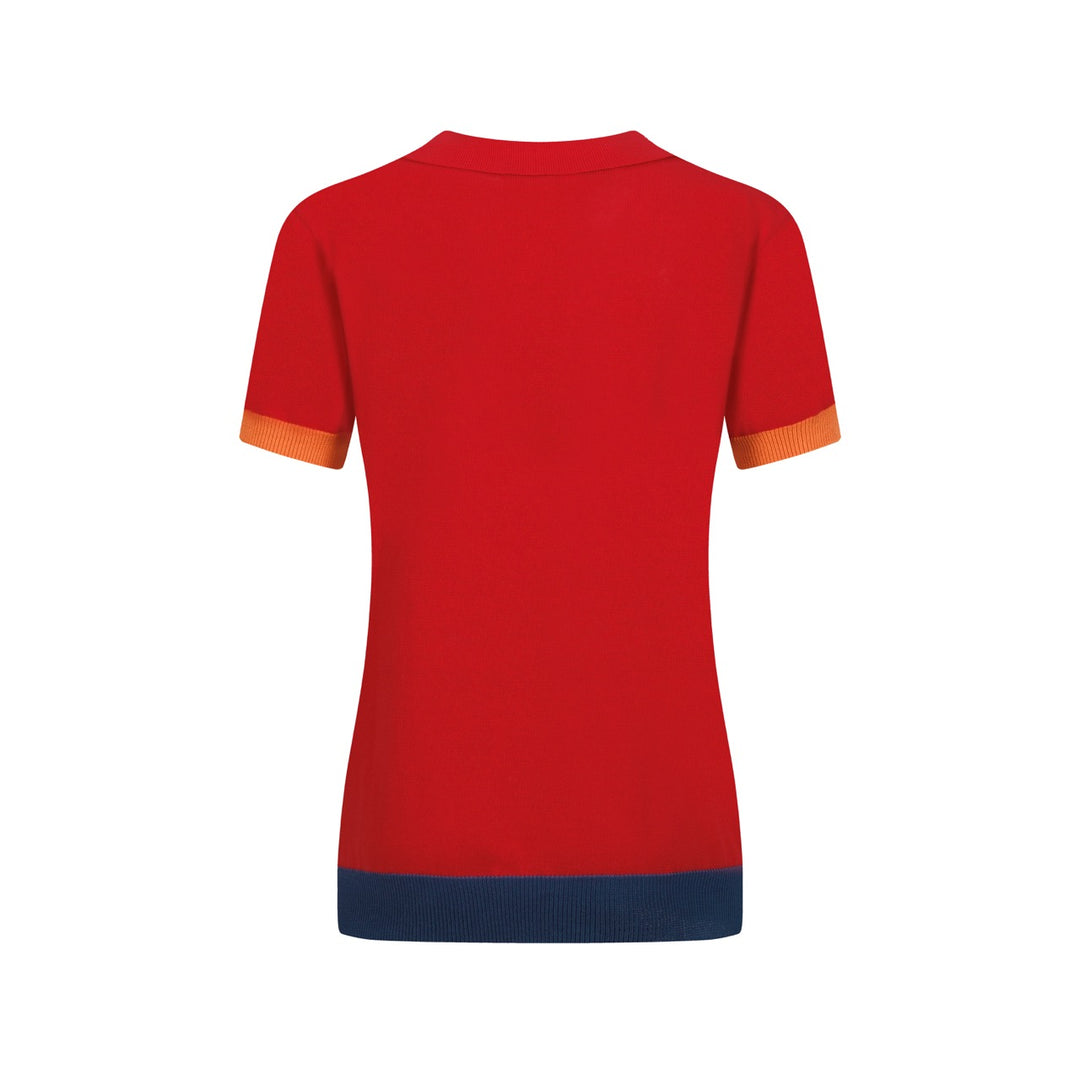 Women's vintage red style V-neck knitted polo shirt