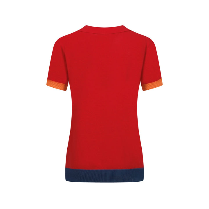 Women's vintage red style V-neck knitted polo shirt