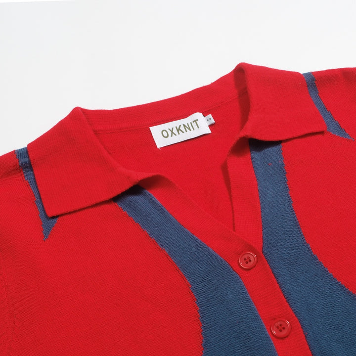 Women's vintage red style V-neck knitted polo shirt