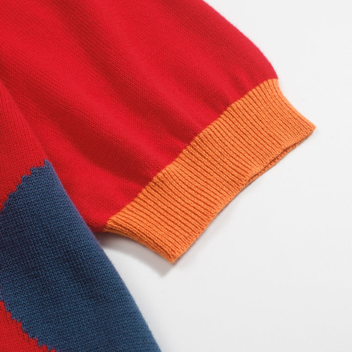 Women's vintage red style V-neck knitted polo shirt