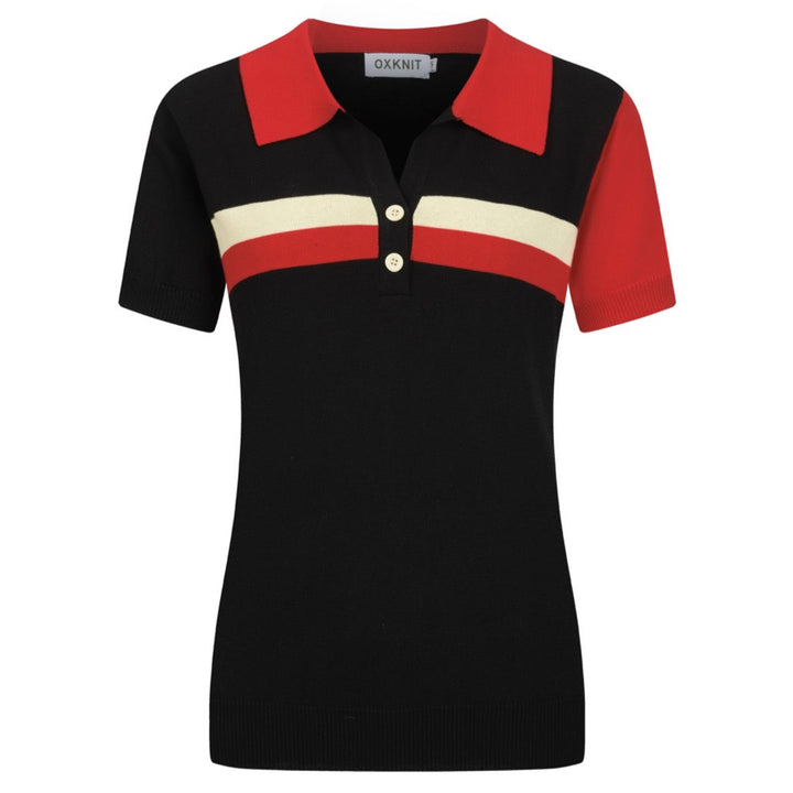 Women's vintage black V-neck knitted polo shirt