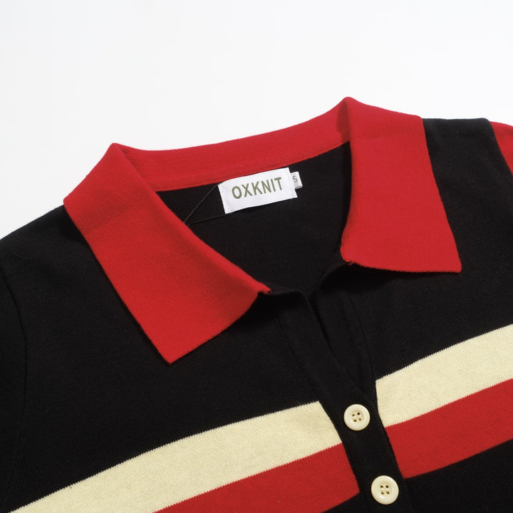 Women's vintage black V-neck knitted polo shirt