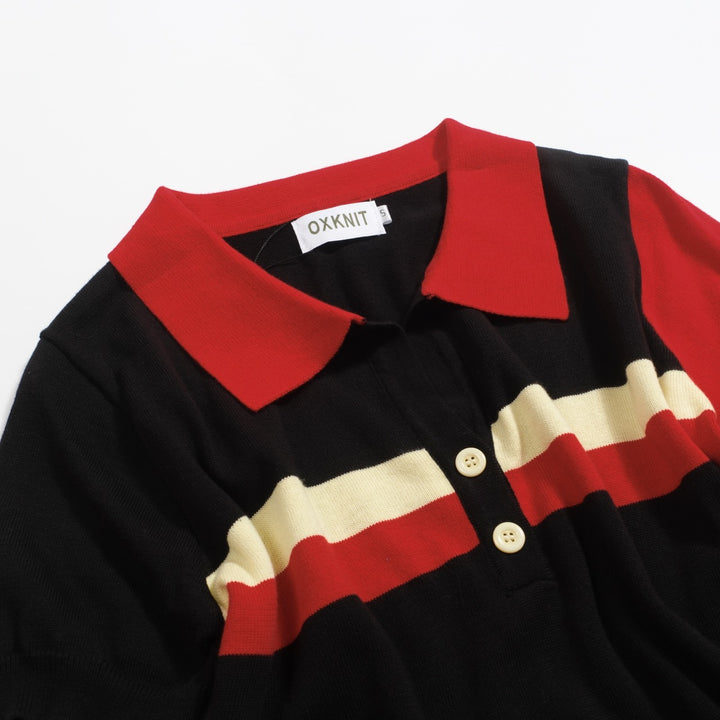 Women's vintage black V-neck knitted polo shirt