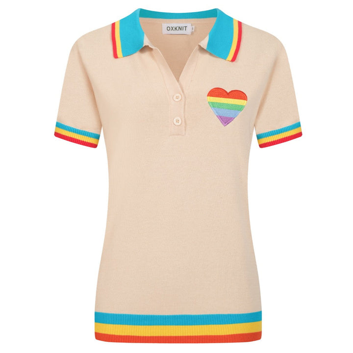 Women's love embroidered V-neck knitted polo shirt