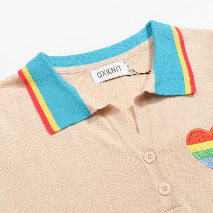 Women's love embroidered V-neck knitted polo shirt