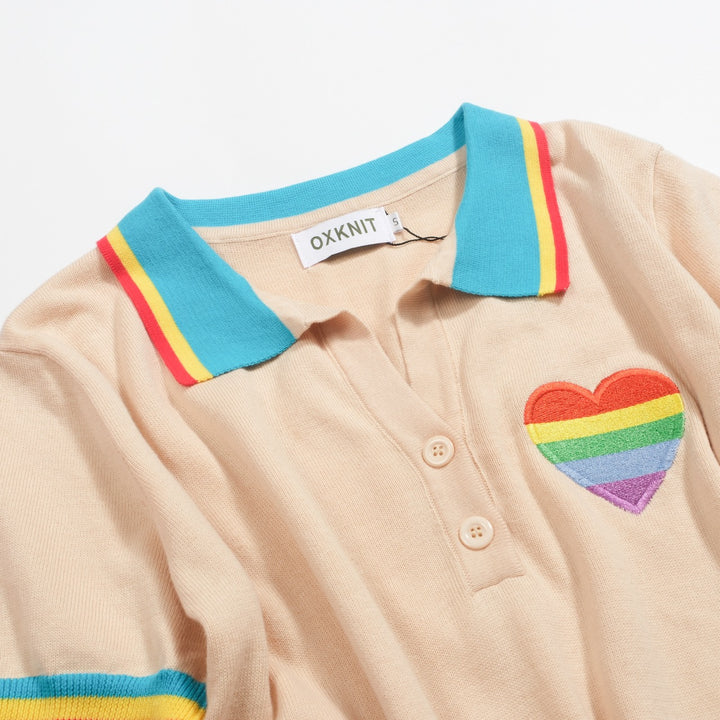 Women's love embroidered V-neck knitted polo shirt