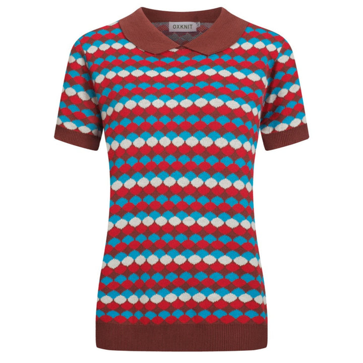 Women's vintage brown jacquard lapel knit T-shirt