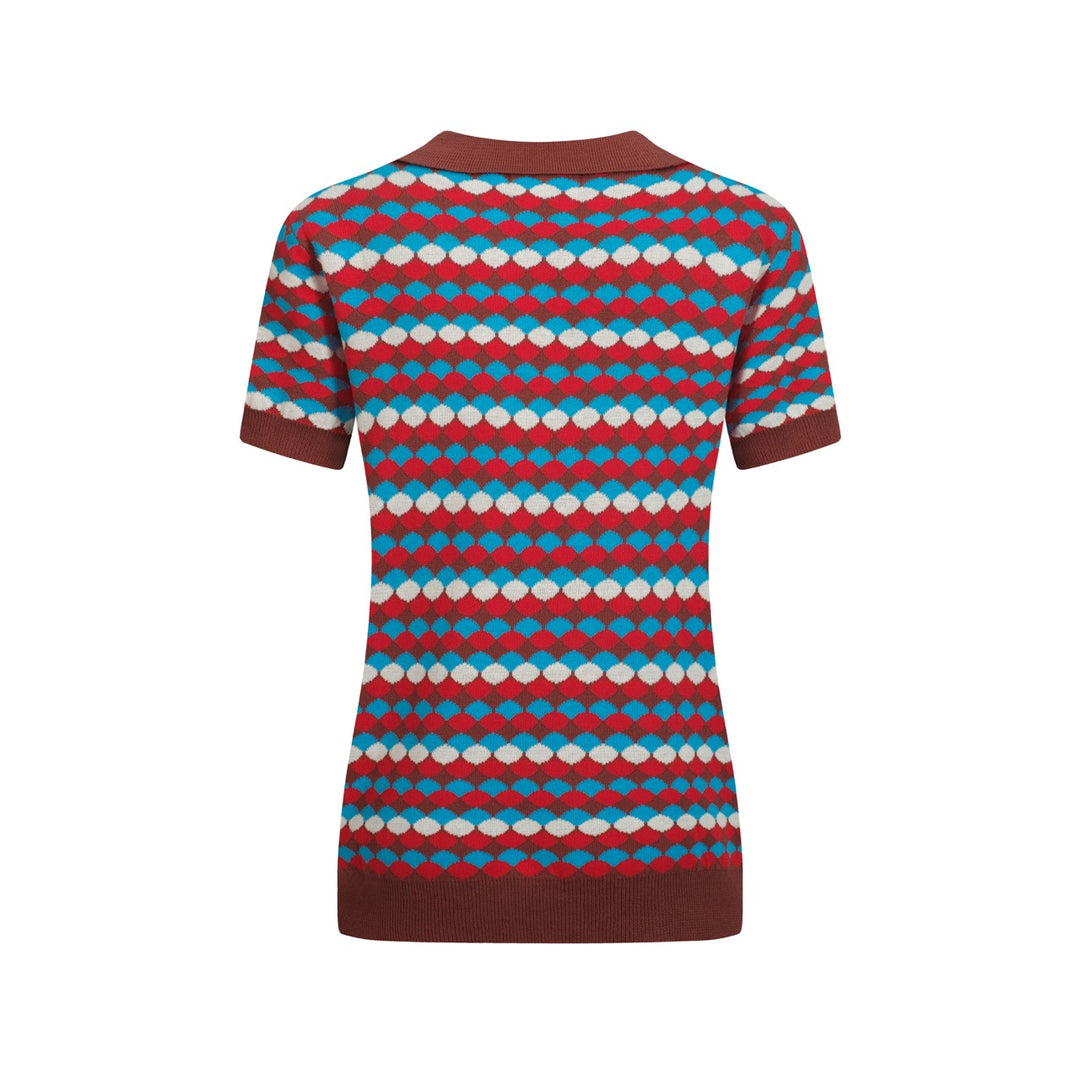 Women's vintage brown jacquard lapel knit T-shirt