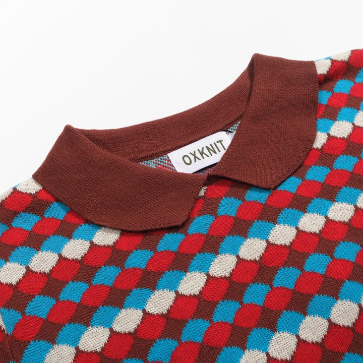 Women's vintage brown jacquard lapel knit T-shirt