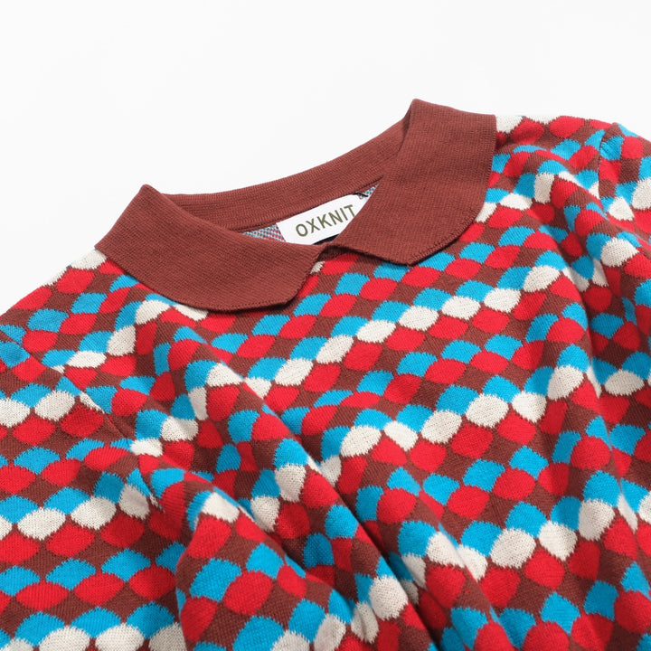 Women's vintage brown jacquard lapel knit T-shirt