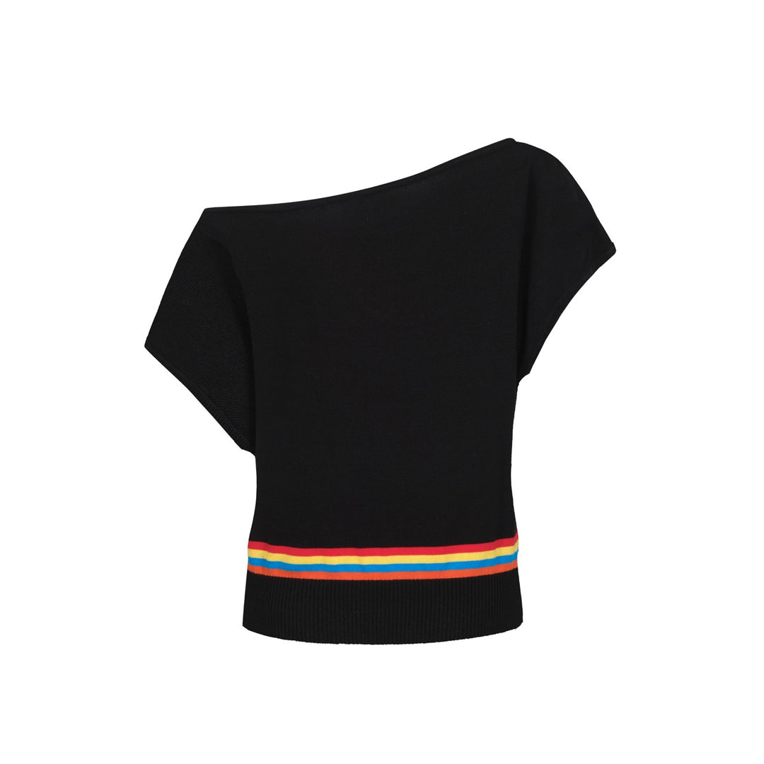 Women's black Vintage Knitted Plaid Shoulder-Sleeved T-Shirt - Cropped Length