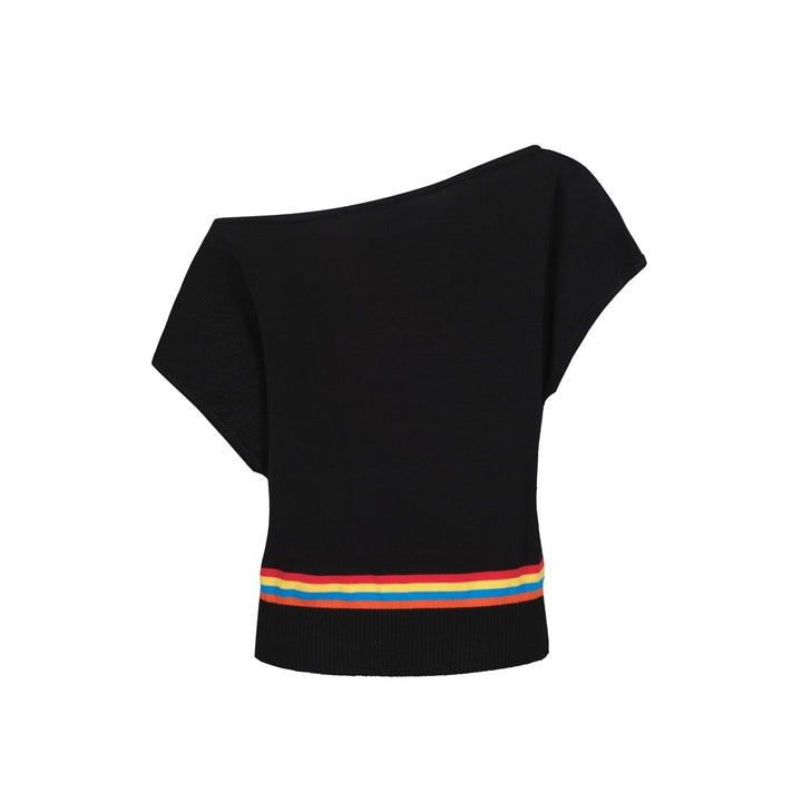 Women's black Vintage Knitted Plaid Shoulder-Sleeved T-Shirt - Cropped Length