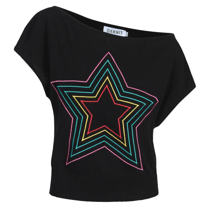 Camiseta de manga de hombro a cuadros de punto retro negro de estrella negra para mujeres-Tamaño corto