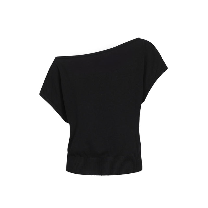 Camiseta de manga de hombro a cuadros de punto retro negro de estrella negra para mujeres-Tamaño corto