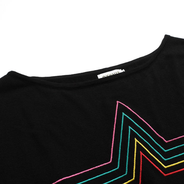 Camiseta de manga de hombro a cuadros de punto retro negro de estrella negra para mujeres-Tamaño corto