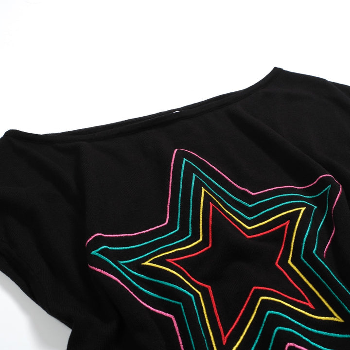 Camiseta de manga de hombro a cuadros de punto retro negro de estrella negra para mujeres-Tamaño corto