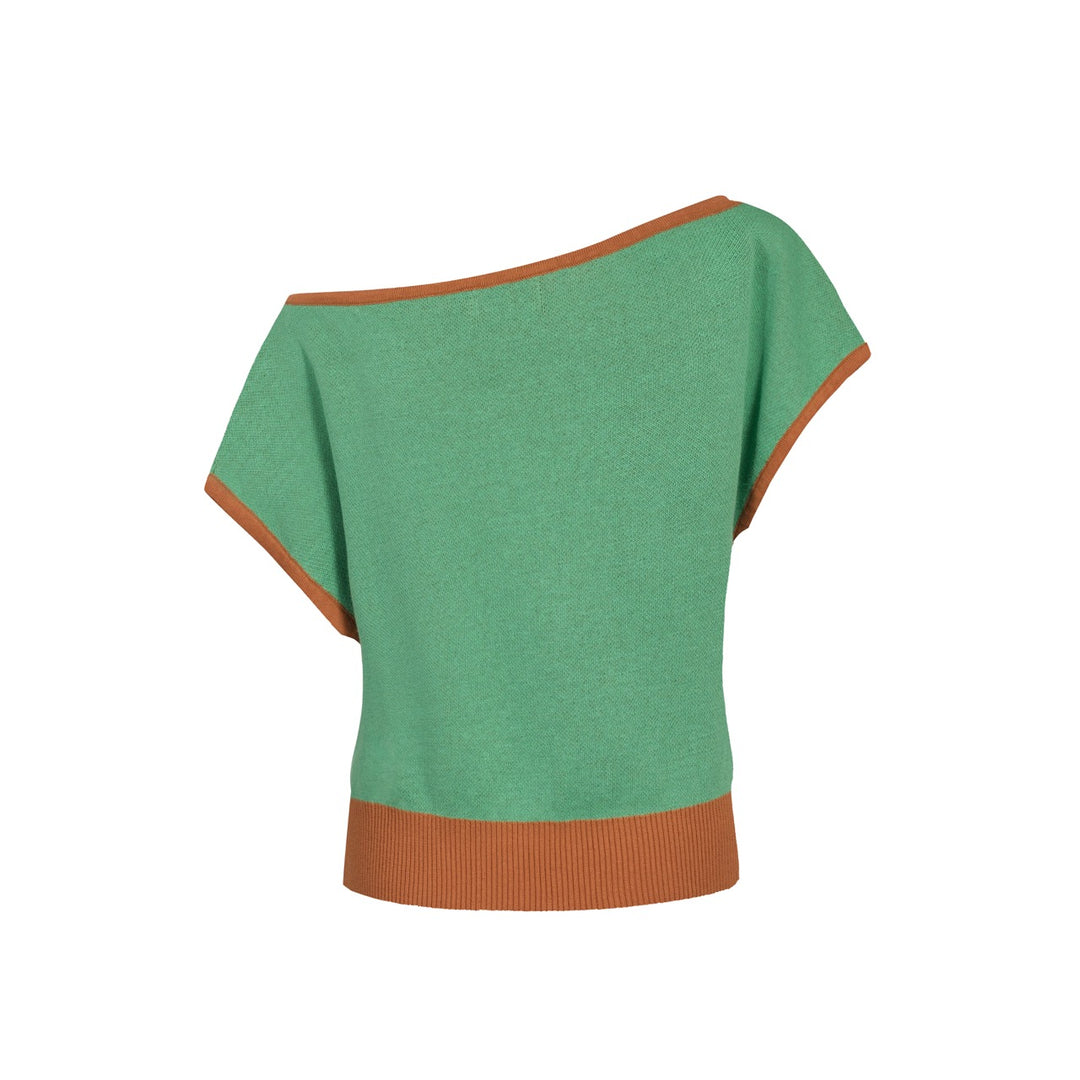 Women's green Vintage Plaid Knitted Scoop-Neck T-Shirt - Cropped Length