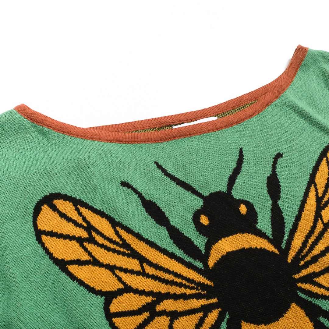 Women's green Vintage Plaid Knitted Scoop-Neck T-Shirt - Cropped Length