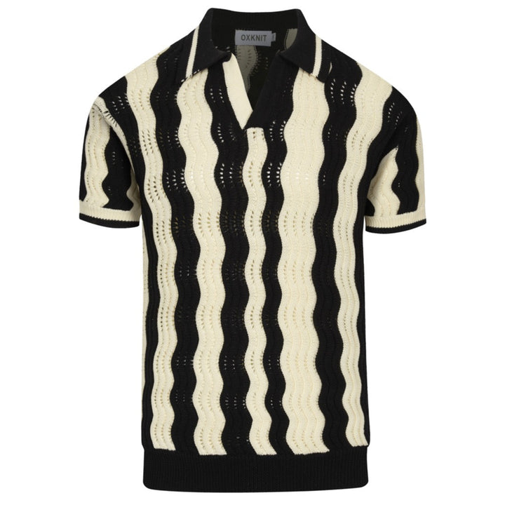 Men's black vintage textured jacquard knit polo shirt