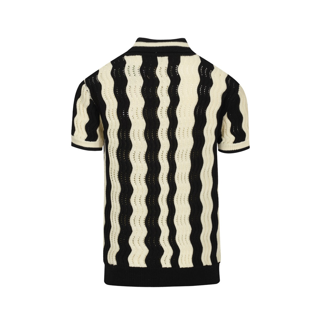 Men's black vintage textured jacquard knit polo shirt