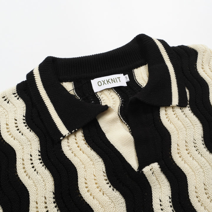 Men's black vintage textured jacquard knit polo shirt