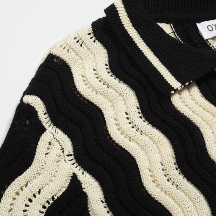 Men's black vintage textured jacquard knit polo shirt