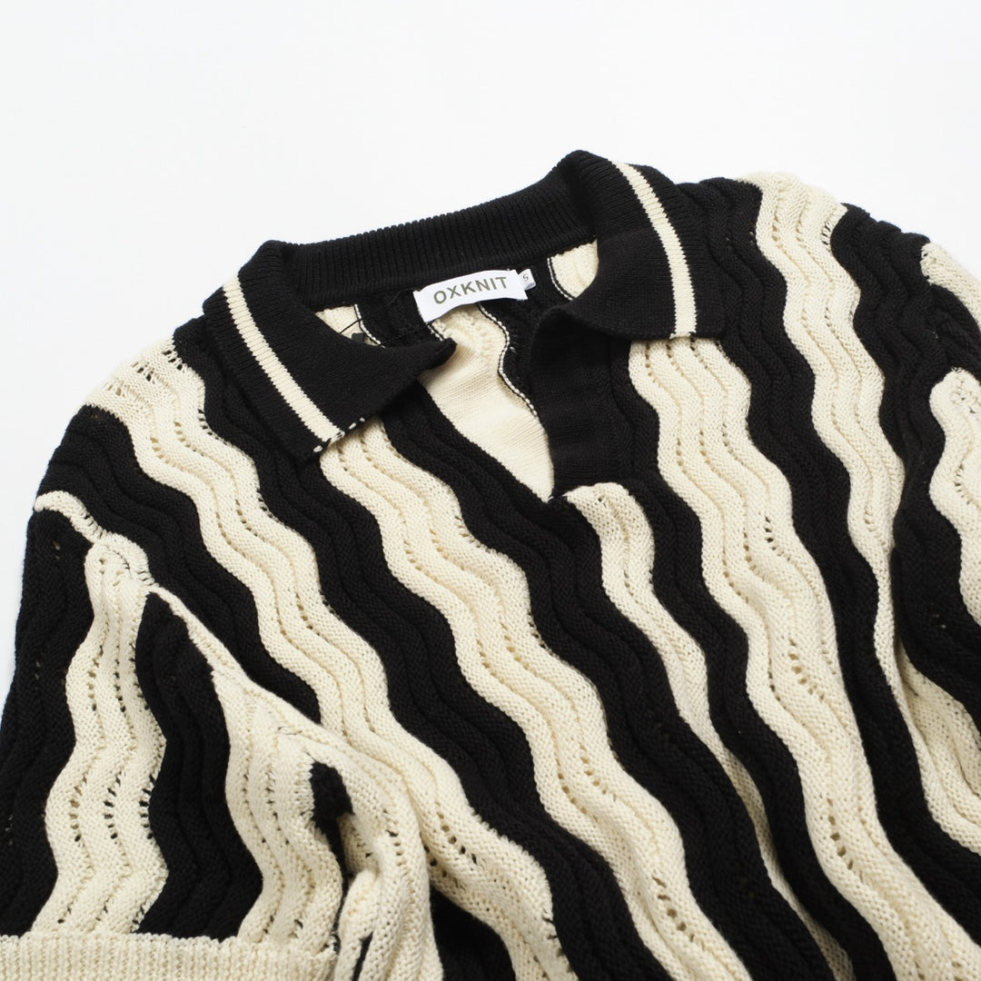 Men's black vintage textured jacquard knit polo shirt
