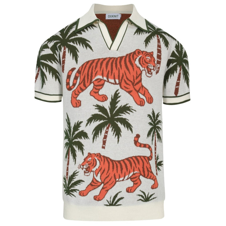 Men's white apricot animal garden jacquard V-neck polo shirt