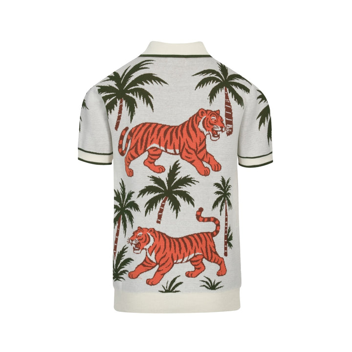 Men's white apricot animal garden jacquard V-neck polo shirt