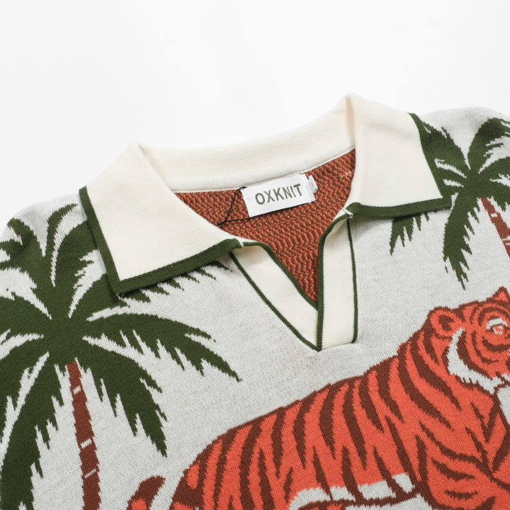 Men's white apricot animal garden jacquard V-neck polo shirt