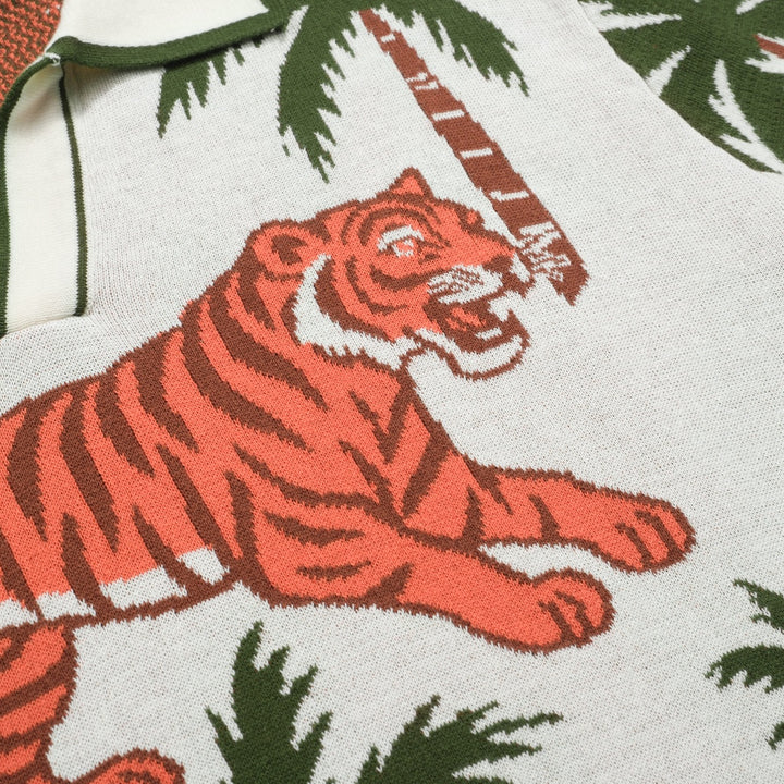 Men's white apricot animal garden jacquard V-neck polo shirt
