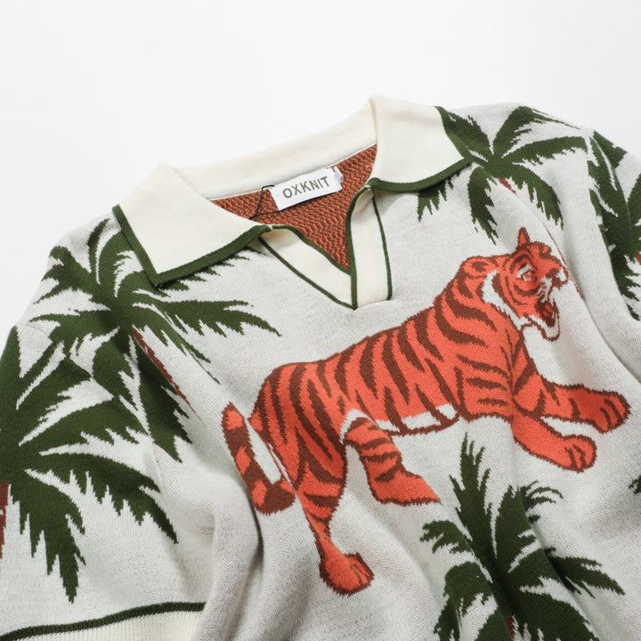 Men's white apricot animal garden jacquard V-neck polo shirt