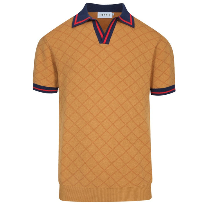 Men's khaki retro street jacquard V-neck polo shirt