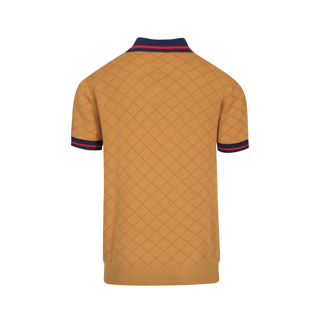Men's khaki retro street jacquard V-neck polo shirt
