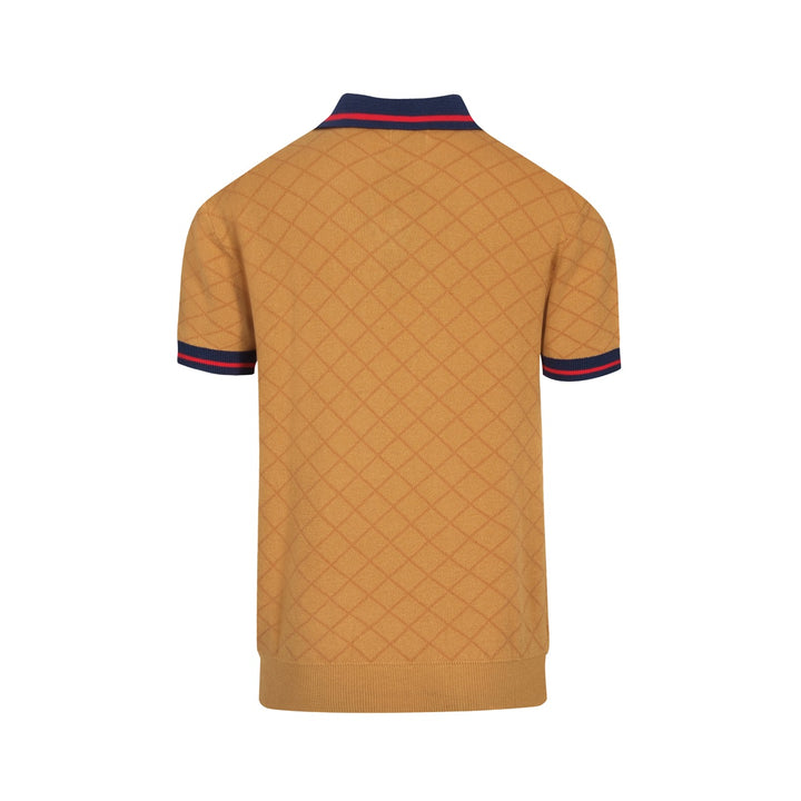 Men's khaki retro street jacquard V-neck polo shirt