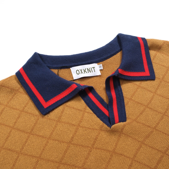 Men's khaki retro street jacquard V-neck polo shirt